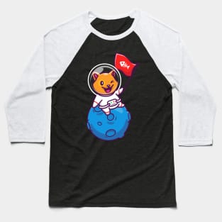 Cute Cat Astronaut Sitting On Moon With Bone Fish Flag Cartoon Baseball T-Shirt